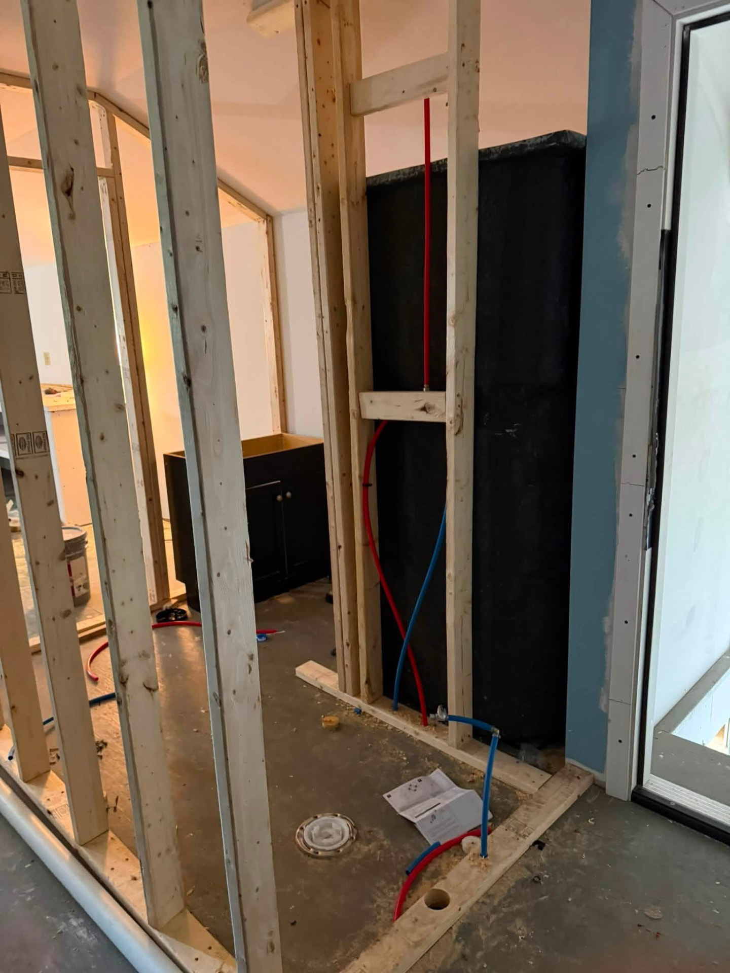 Bathroom remodel framing with new plumbing rough-in