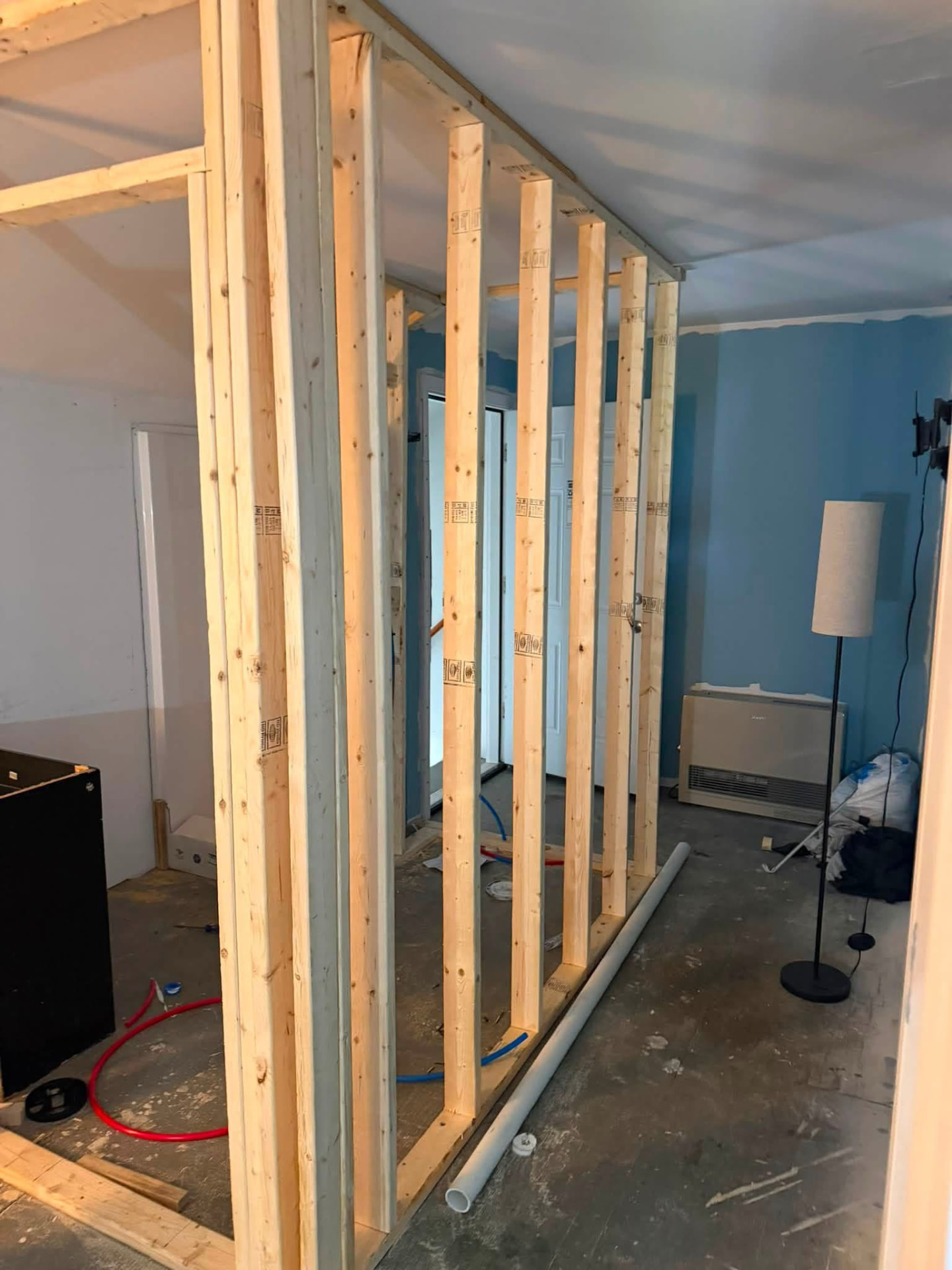 Interior wall framing during a home remodel